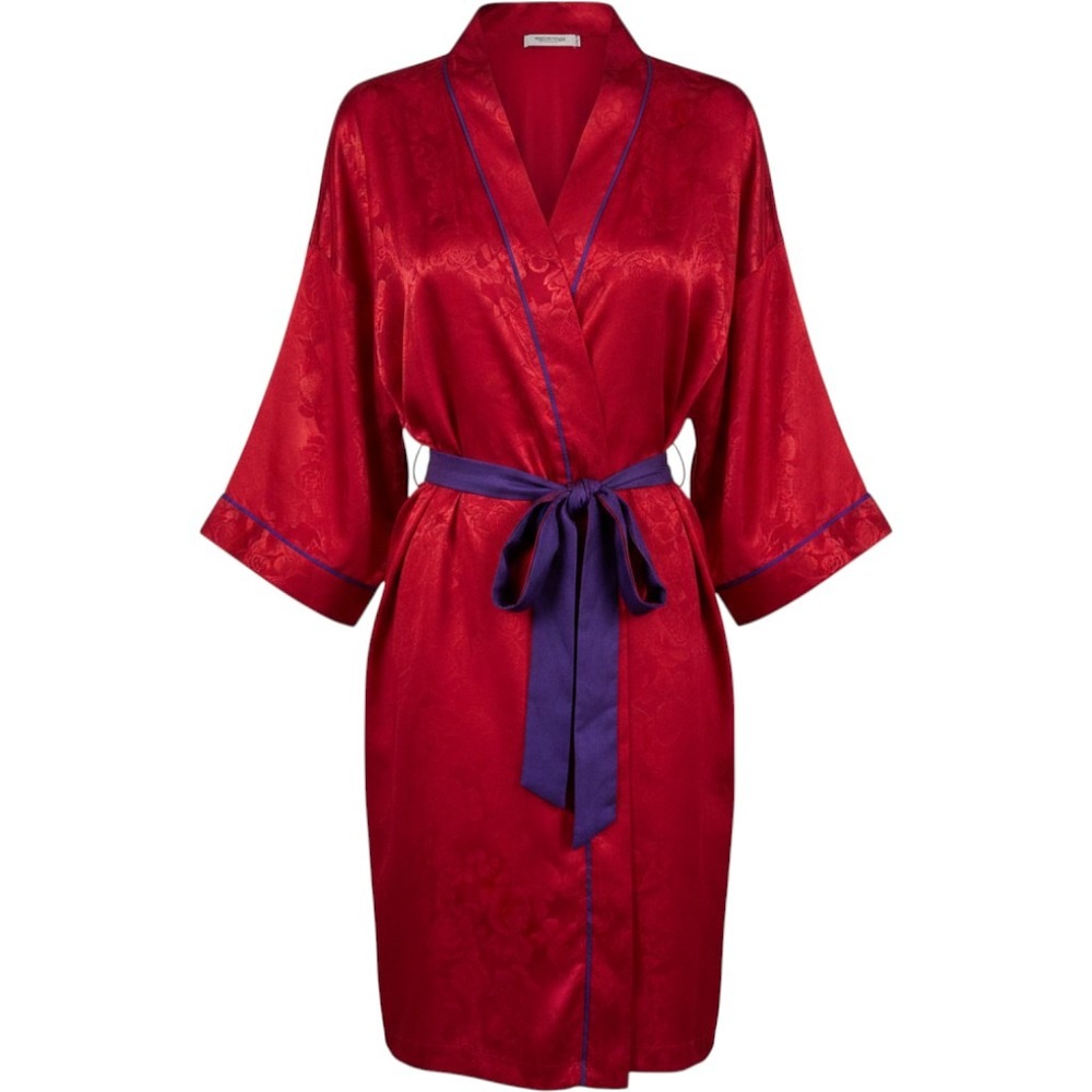 Vintage Victorias Secret Gold Label Red Floral Jacquard Robe Kimono Purple Trim